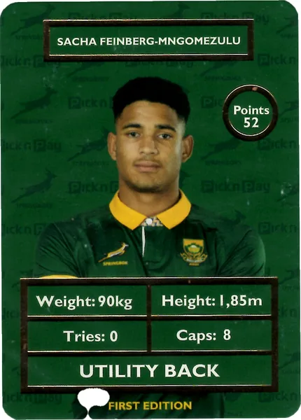 Sacha Feinberg-Mngomezulu card #FEINBERG - Pick n Pay Springbok Collectaboks