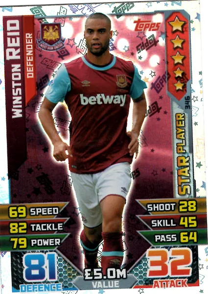 Winston Reid card #346 - Topps Match Attax English Premier League 2015/16