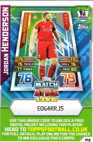 Jordan Henderson card #P13 - Topps Match Attax English Premier League 2015/16