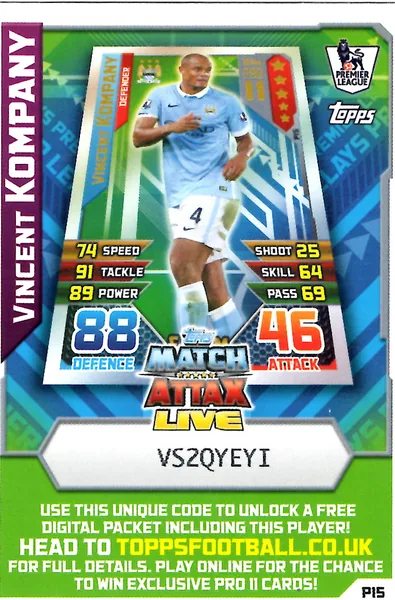 Vincent Kompany card #P15 - Topps Match Attax English Premier League 2015/16
