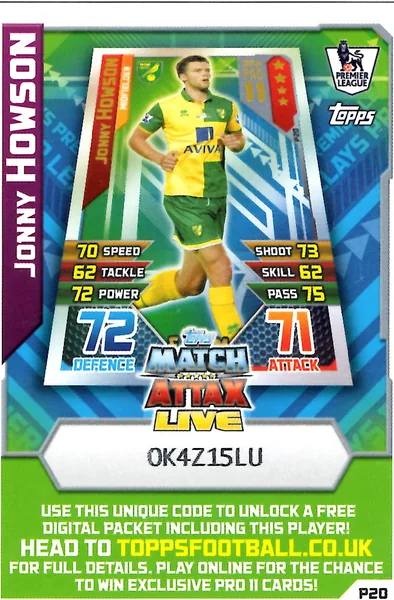 Jonny Howson card #P20 - Topps Match Attax English Premier League 2015/16