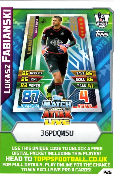 Lukasz Fabianski card #P25 - Topps Match Attax English Premier League 2015/16
