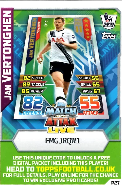 Jan Vertonghen card #P27 - Topps Match Attax English Premier League 2015/16