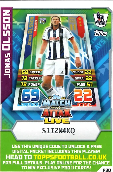 Jonas Olsson card #P30 - Topps Match Attax English Premier League 2015/16