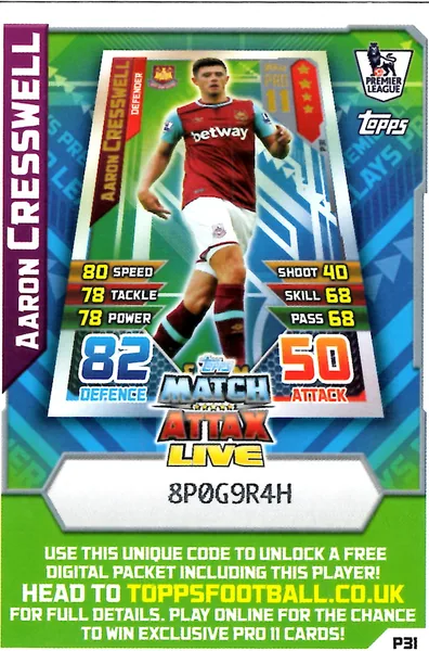Aaron Cresswell card #P31 - Topps Match Attax English Premier League 2015/16
