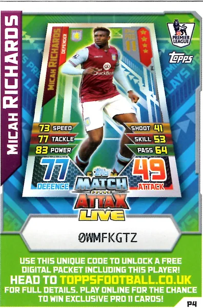 Micah Richards card #P4 - Topps Match Attax English Premier League 2015/16